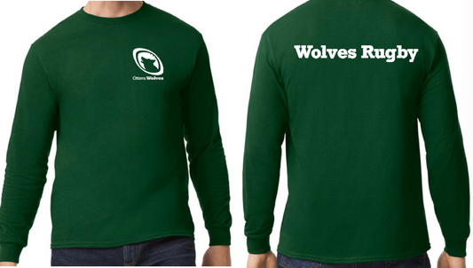 OTTAWA WOLVES RUGBY COTTON LONG SLEEVE T-SHIRT WITH LEFT CHEST HEAT PRESSED LOGO AND WOLVES RUGBY HEAT PRESSED ON BACK