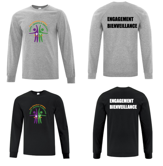 ÉCOLE ÉLÉMENTAIRE CATHOLIQUE SAINT JOSEPH COTTON LONG SLEEVE TSHIRT WITH FULL FRONT HEAT PRESSED LOGO AND BACK PRINT