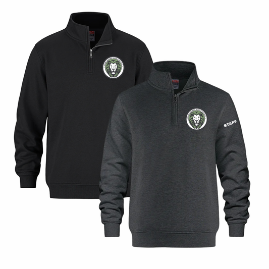 HENRY MUNRO STAFF FLUX 1/4 ZIP WITH LEFT CHEST EMBROIDERED LOGO AND "STAFF" ON SLEEVE