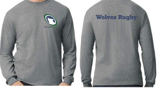 OTTAWA WOLVES RUGBY COTTON LONG SLEEVE T-SHIRT WITH LEFT CHEST HEAT PRESSED LOGO AND WOLVES RUGBY HEAT PRESSED ON BACK
