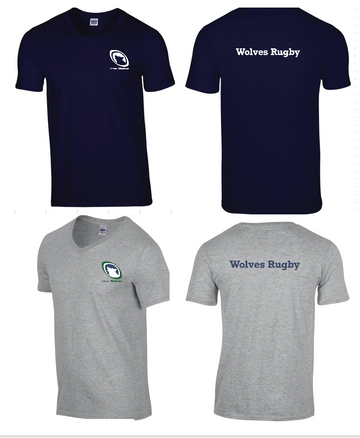 OTTAWA WOLVES RUGBY GILDAN V-NECK ADULT T-SHIRT WITH HEAT PRESSED LEFT CHEST LOGO AND WOLVES RUGBY HEAT PRESSED ON BACK