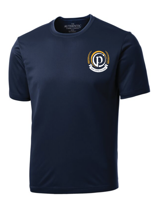 PEAK ACADEMY COAST SHORT SLEEVE BLACK TSHIRT WITH HEAT PRESSED LEFT CHEST LOGO AND BACK SLOGAN