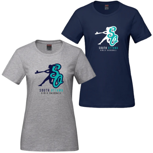 OTTAWA SOUTH BLUES CX2 COTTON TSHIRT WITH SO GIRLS BASEBALL LOGO HEAT PRESSED FULL FRONT