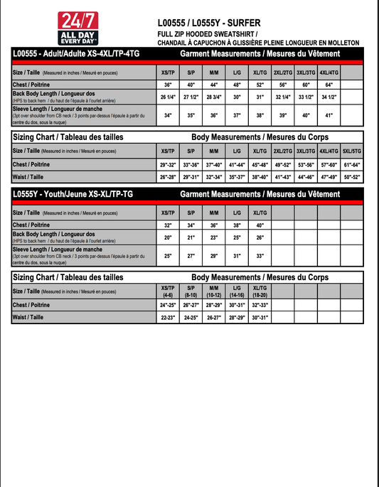 JEAN-ROBERT GAUTHIER SURFER COTTON FULL ZIP HOODIE ADULT OR YOUTH WITH EMBROIDERED LOGO