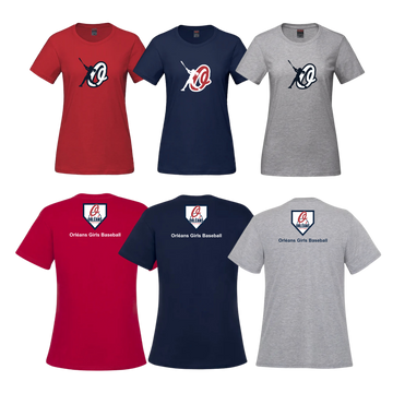 Girls OLLB Women's Cotton T-Shirt | CX2 Parkour - Full Front & Base Logo behind the Neck + "Orléans Girls Baseball" Underneath