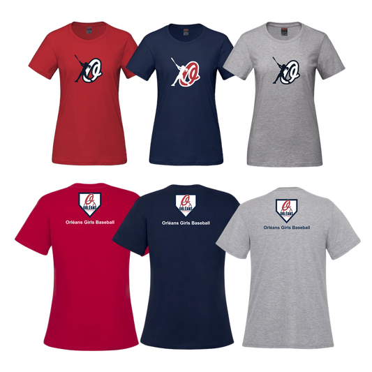 Girls OLLB Women's Cotton T-Shirt | CX2 Parkour - Full Front & Base Logo behind the Neck + "Orléans Girls Baseball" Underneath