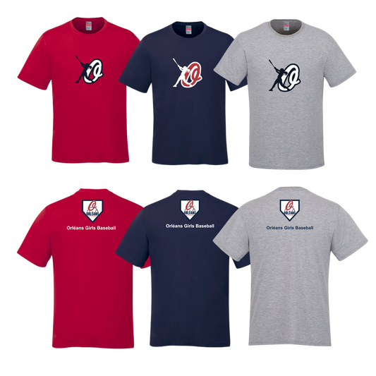 Girls OLLB Cotton T-Shirt | CX2 Parkour - Full Front & Base Logo behind the Neck + "Orléans Girls Baseball" Underneath