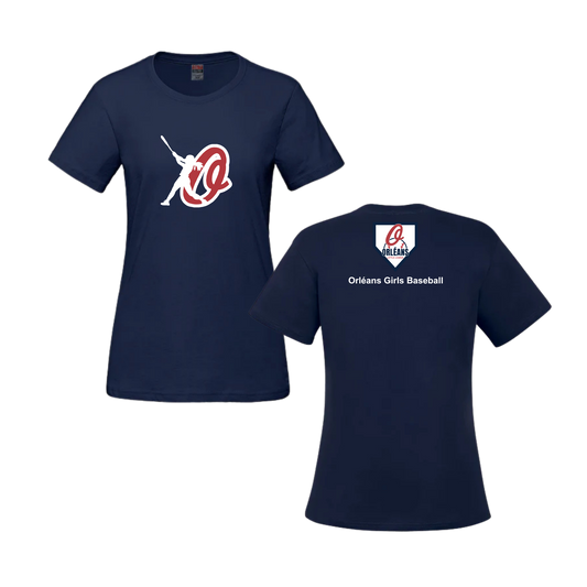 Girls OLLB Women's Cotton T-Shirt | CX2 Parkour - Full Front & Base Logo behind the Neck + "Orléans Girls Baseball" Underneath
