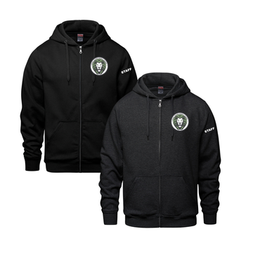 HENRY MUNRO STAFF SURFER FULL ZIP UP HOODIE WITH LEFT CHEST EMBROIDERED LOGO AND "STAFF" ON SLEEVE