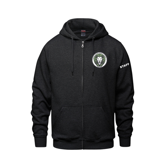HENRY MUNRO STAFF SURFER FULL ZIP UP HOODIE WITH LEFT CHEST EMBROIDERED LOGO AND "STAFF" ON SLEEVE